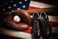 Vintage baseball gear on a American flag background Royalty Free Stock Photo