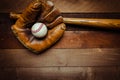 Vintage baseball gear on a wooden background Royalty Free Stock Photo