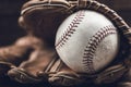 Vintage baseball gear on a wooden background