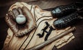 Vintage baseball gear on a wooden background Royalty Free Stock Photo