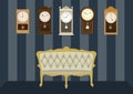 Group of vintage clocks with luxury armchair,Vector illustrations