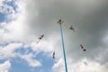 A group of voladores flyers performing the traditional Danza de los Voladores Dance of the Flyers in Papantla