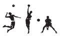 Group of volleyball players, set of isolated vector silhouettes. Team sport, active people. Beach volleyball