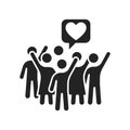 Group of volunteers black glyph icon. Non profit community. Charity, humanitarian aid concept. Outline pictogram for web