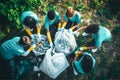 Group of volunteers childrens collected trash in city park, generative AI