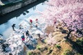 Group of volunteers cleaning garbages in the river, japanese comunity, blossom tree, generative AI