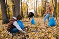 Group of volunteers collecting trash in a seasonal forest at autumn