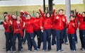 A group of volunteers at 2018 FIFA world cup in Russia is dancing