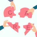 Group of volunteers placing together heart shaped puzzle with word CARE, vector illustration in flat style