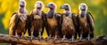 A group of vultures sit on a log waiting for opportunities