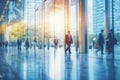 Group of Walking People in the Lobby Business Center in Blue Tonality Background