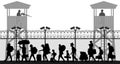 Group of walking refugees. Crowd migration. People behind barbed wire. State border checkpoint. Silhouette vector illustration Royalty Free Stock Photo