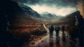 group of walking travellers in scandinavian mountains at rainy foggy day, neural network generated art