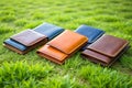 Group of Wallets on Green Grass Royalty Free Stock Photo