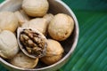 Group of walnut in wooden bowl on wood background, copy space, super food concept