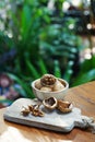 Group of walnut in wooden bowl on wood background, copy space, super food concept