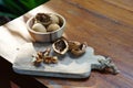 Group of walnut in wooden bowl on wood background, copy space, super food concept