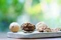 Group of walnut in wooden bowl on wood background, copy space, super food concept