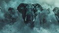 A group of war elephants emerging from a thick fog their hulking figures creating an intimidating presence