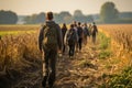 Group of War Refugees walking in cornfield. Day of Migration 18th December Generative AI