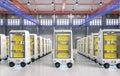 Group of warehouse robotsor robotic assistants deliver boxes