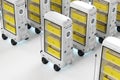 Group of warehouse robotsor robotic assistants deliver boxes