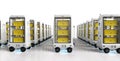 Group of warehouse robotsor robotic assistants deliver boxes