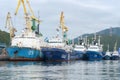 Group of warships Coast Guard of Border Guard Service of Russian FSB anchored at pier in sea port