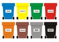 Group of waste cans, eight color containers for waste, vector icon