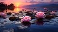 A group of water lillies floating on top of a lake. Generative AI image. Royalty Free Stock Photo