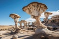 a group of white and brown mushrooms in a desert