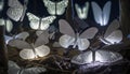 a group of white butterflies sitting on top of a leaf covered ground next to a forest filled with lots of white butterflies on