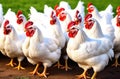 A group of white chickens with red combs standing outdoors Royalty Free Stock Photo
