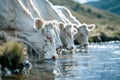 Herd of White Cows Drinking Water from a Stream in a Meadow Royalty Free Stock Photo