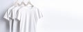 Group of white fashionable modern sports home t-shirts of classic design, white background. AI generated.