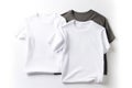 Group of white fashionable modern sports home t-shirts of classic design, white background. AI generated.