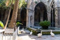 Group of white geese in medieval historic courtyard of church in Barcelona Royalty Free Stock Photo