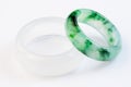 Group of white and green jadeite ring on white background Royalty Free Stock Photo