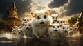 A group of white mice running through a puddle of water. Generative AI image.