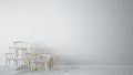 Group of white modern scandinavian classic and rocky chairs stacked up in contemporary empty interior with marble floor, architect