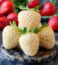A group of white strawberries on a marble plate