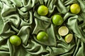 Group of whole and cut fresh limes on green satin