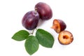 Group of whole and half of ripe plums with leaf isolated on a white background.. Royalty Free Stock Photo