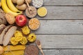 Group of wholegrain and carbohydrates food on wood