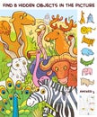 Group of wild animals in the zoo. Find 8 hidden objects in the picture