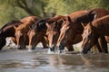 Group Of Wild Horses Drinking From A River. Generative AI Royalty Free Stock Photo