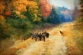 Fall rural scene with turkeys. Photo Art. Impressionist.
