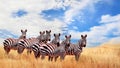 Group of wild zebras in the African savanna against the beautiful blue sky with white clouds. Wildlife of Africa. Tanzania.