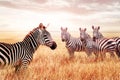 Group of wild zebras in the African savanna against the beautiful sunset. Wildlife of Africa. Tanzania. Serengeti national park. A