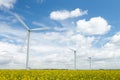 Group Of Wind Turbines In Field Of Oil Seed Royalty Free Stock Photo